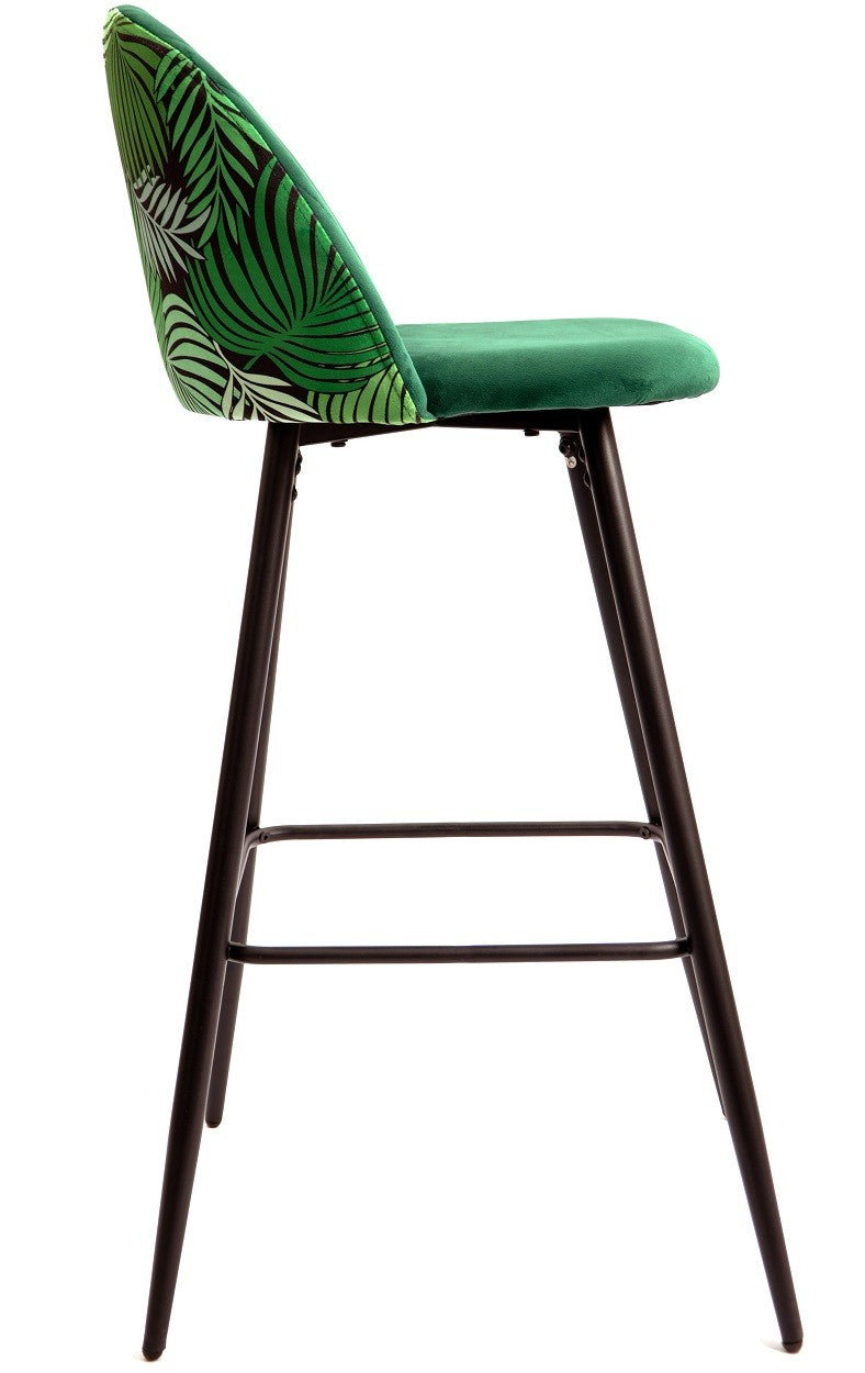 Banco bar FLORAL, metal, tecido veludo verde com costas florais combinando