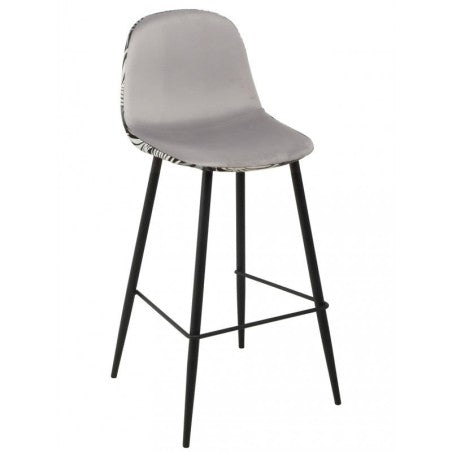Banco bar HORUS NEW, em metal, estofo em veludo cinza, costas com motivos florais a condizer