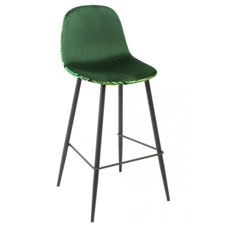Banco bar HORUS NEW, metal, estofo em veludo verde, costas com motivos de folhagem a condizer