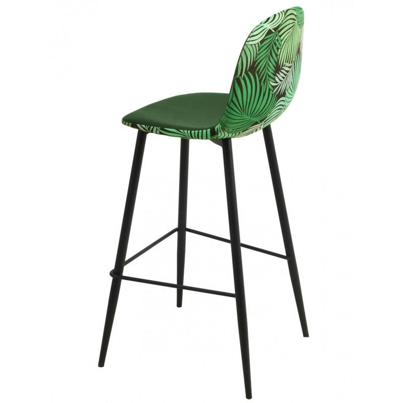 Banco bar HORUS NEW, metal, estofo em veludo verde, costas com motivos de folhagem a condizer