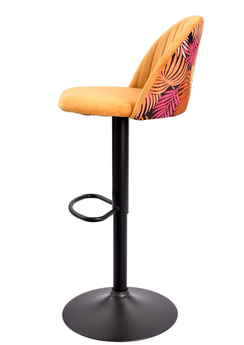 Banco de bar FLOWER, ajustável, metal preto, tecido veludo amarelo com costas florais combinando