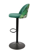 Banco de bar FLOWER, ajustável, metal preto, tecido veludo verde com costas florais combinando