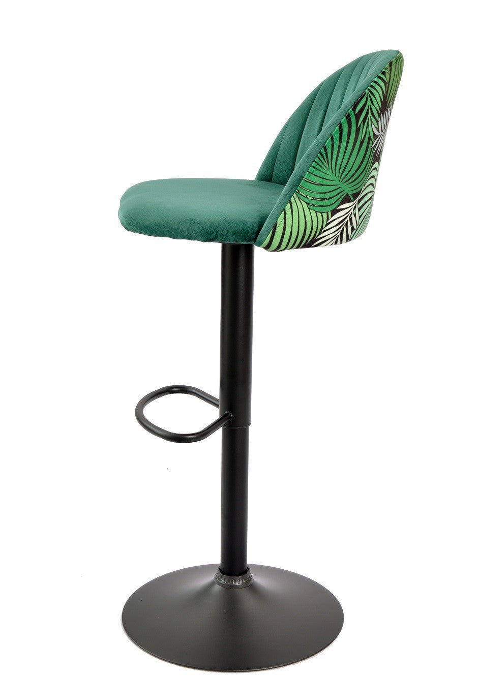 Banco de bar FLOWER, ajustável, metal preto, tecido veludo verde com costas florais combinando