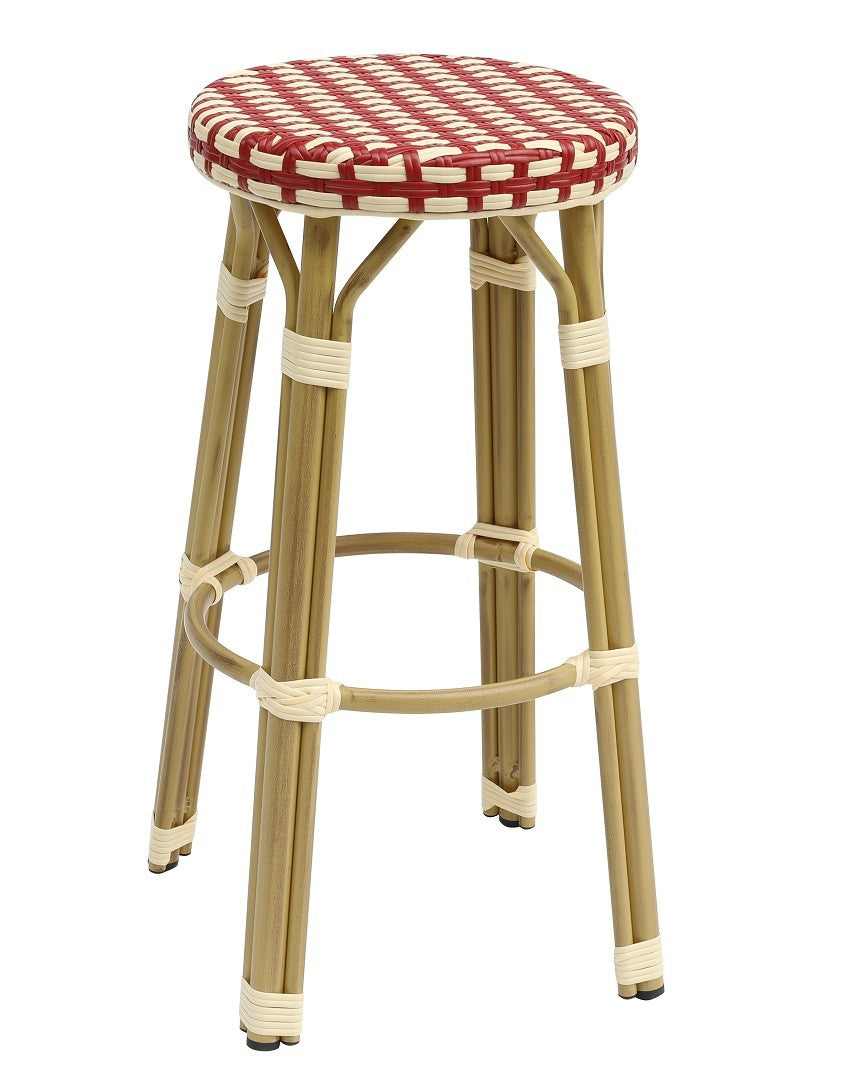 Banco de bar GARNIER, empilhável, aluminio, ratán beige e vermelho