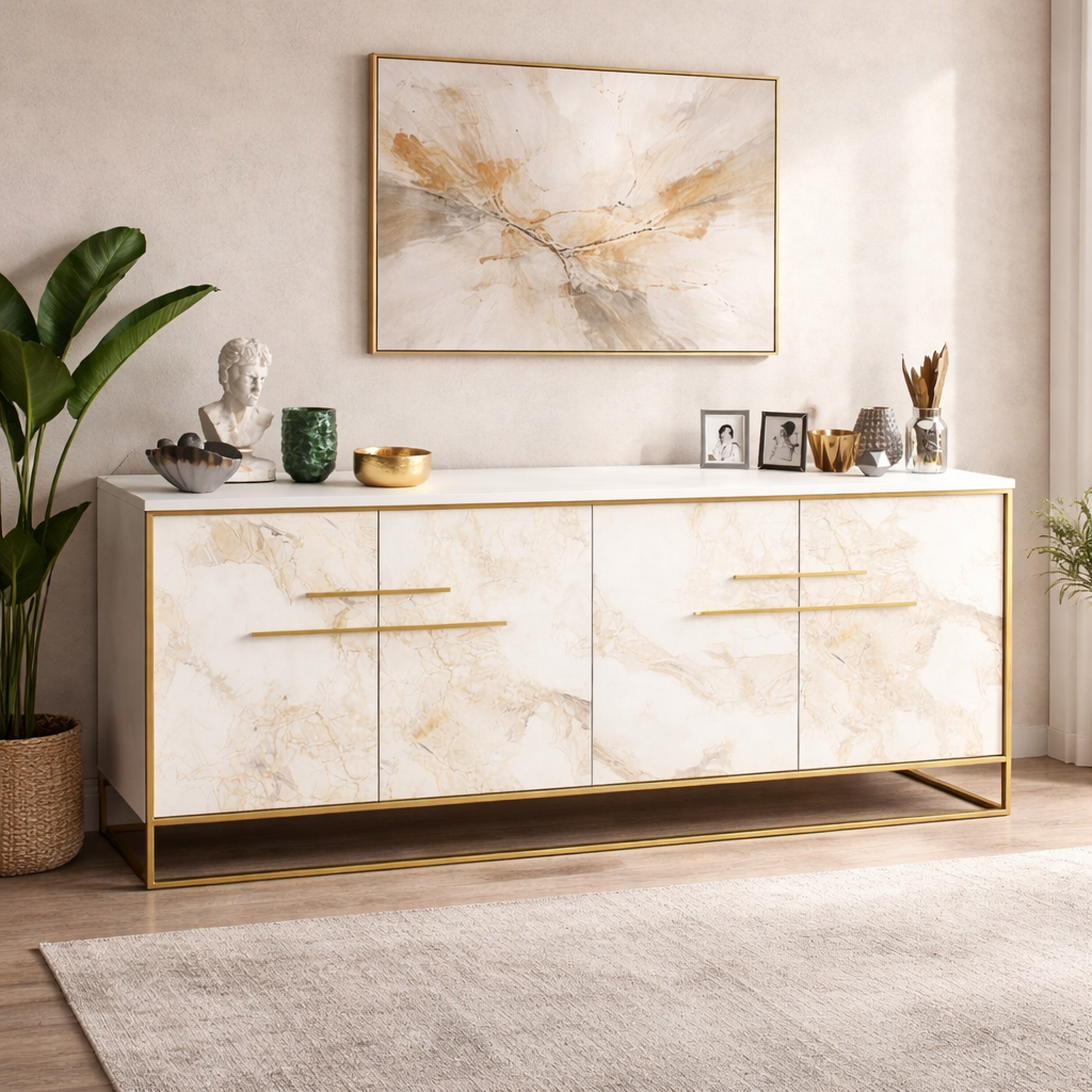 Buffet SIENA, bilaminado mármore branco com metal dourado, 180 cms