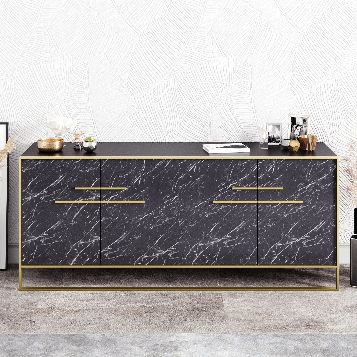 Buffet SIENA, bilaminado mármore preto com metal dourado, 180 cms