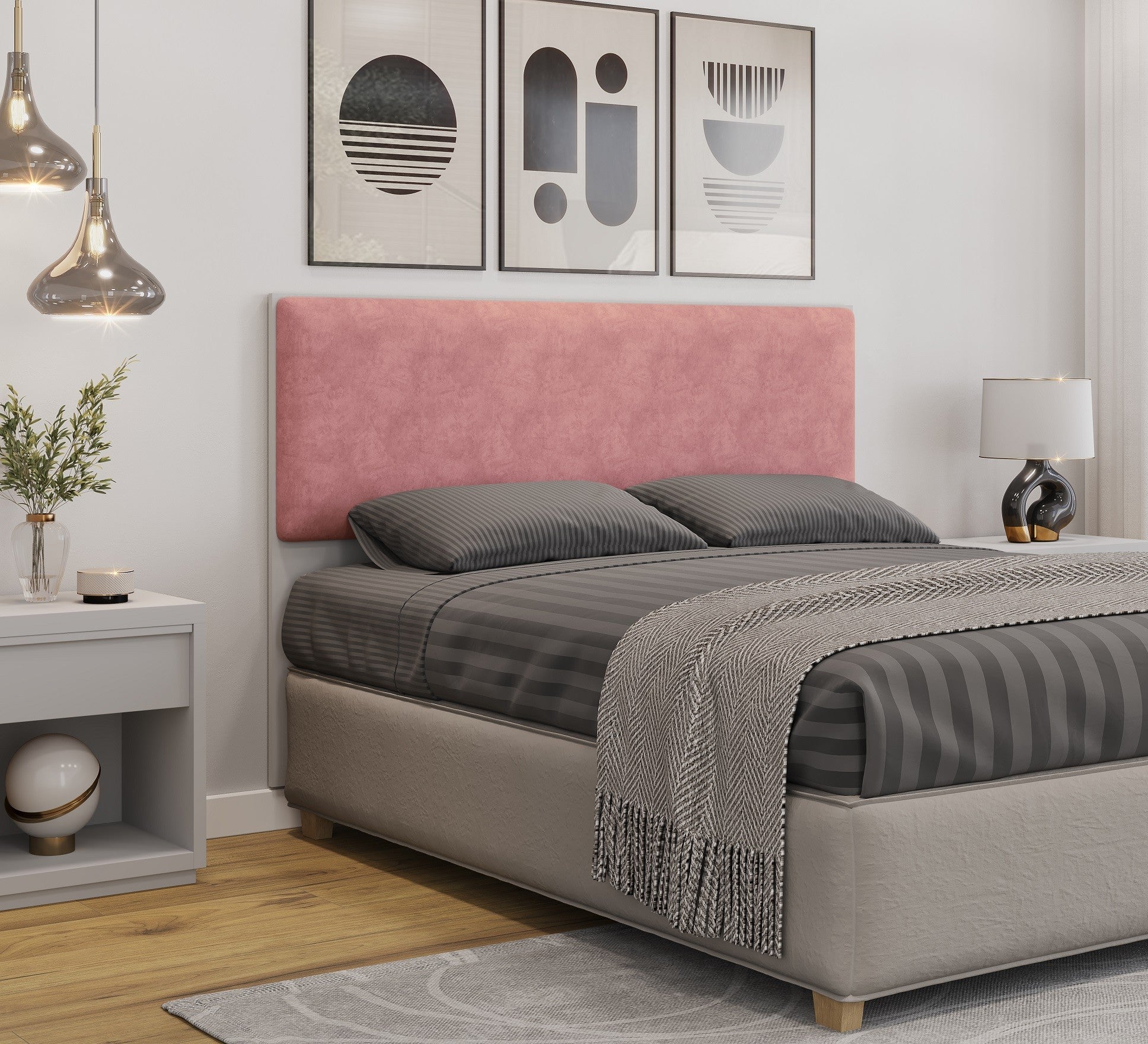 Cabeceira UNI 160, MDP cor branco, tecido velvet rosa, 160x5x90 cms