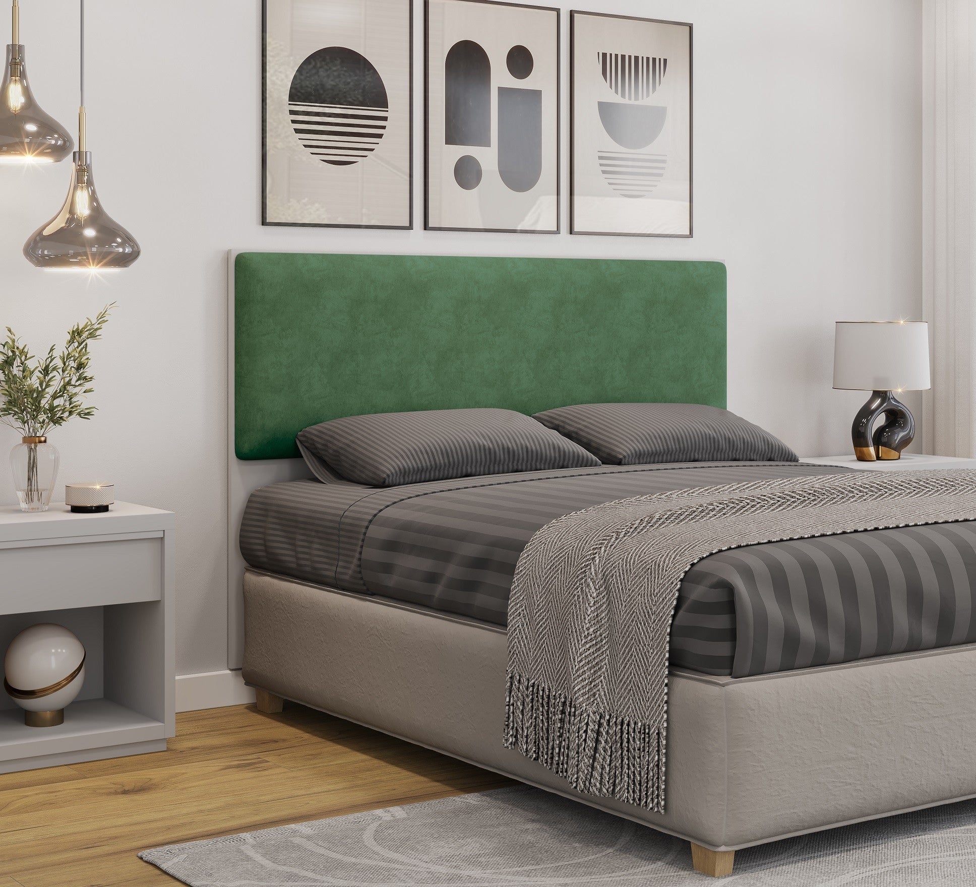 Cabeceira UNI 160, MDP cor branco, tecido velvet verde, 160x5x90 cms