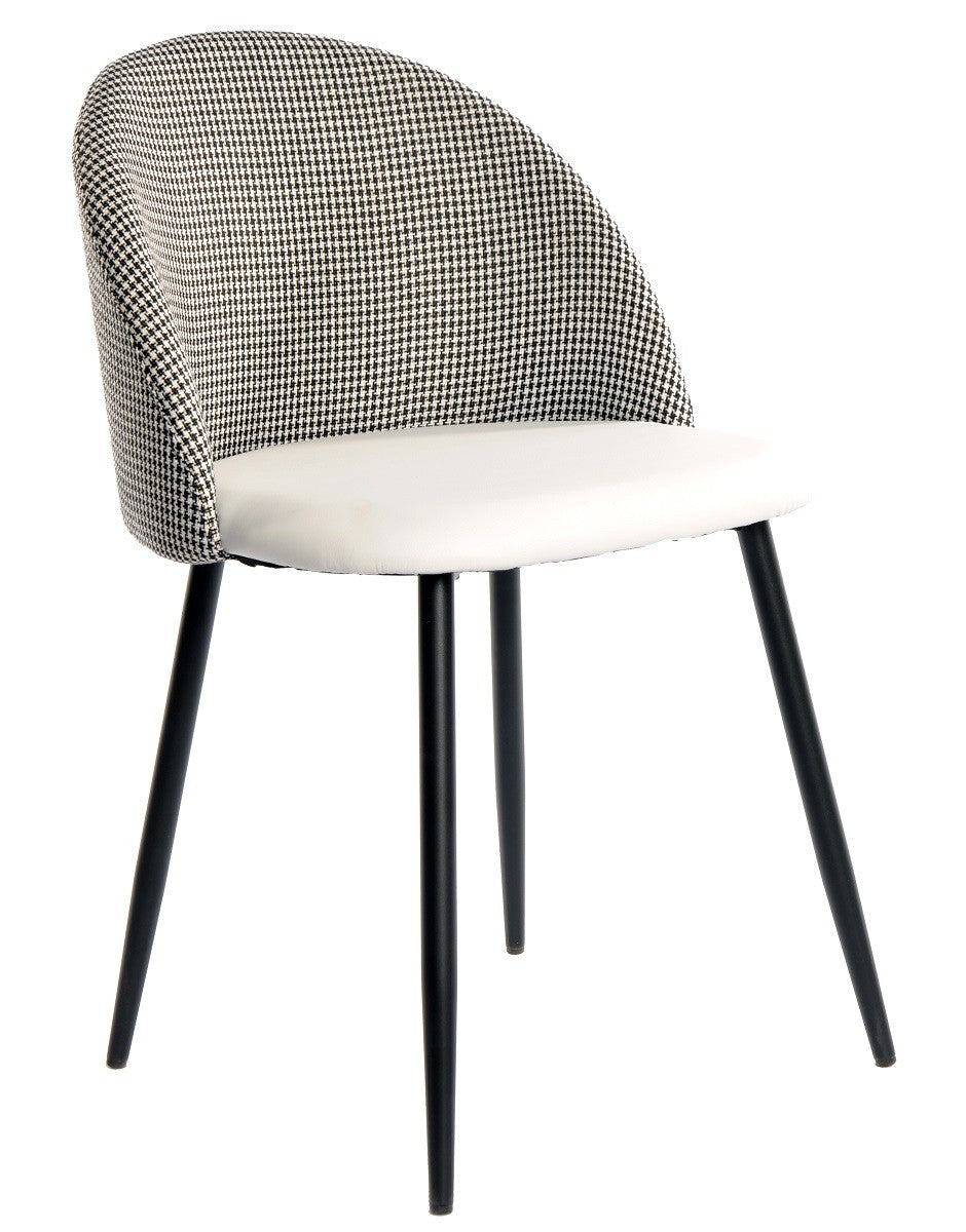 Cadeira ETNA, metal preto, tecido houndstooth e pele sintética branca