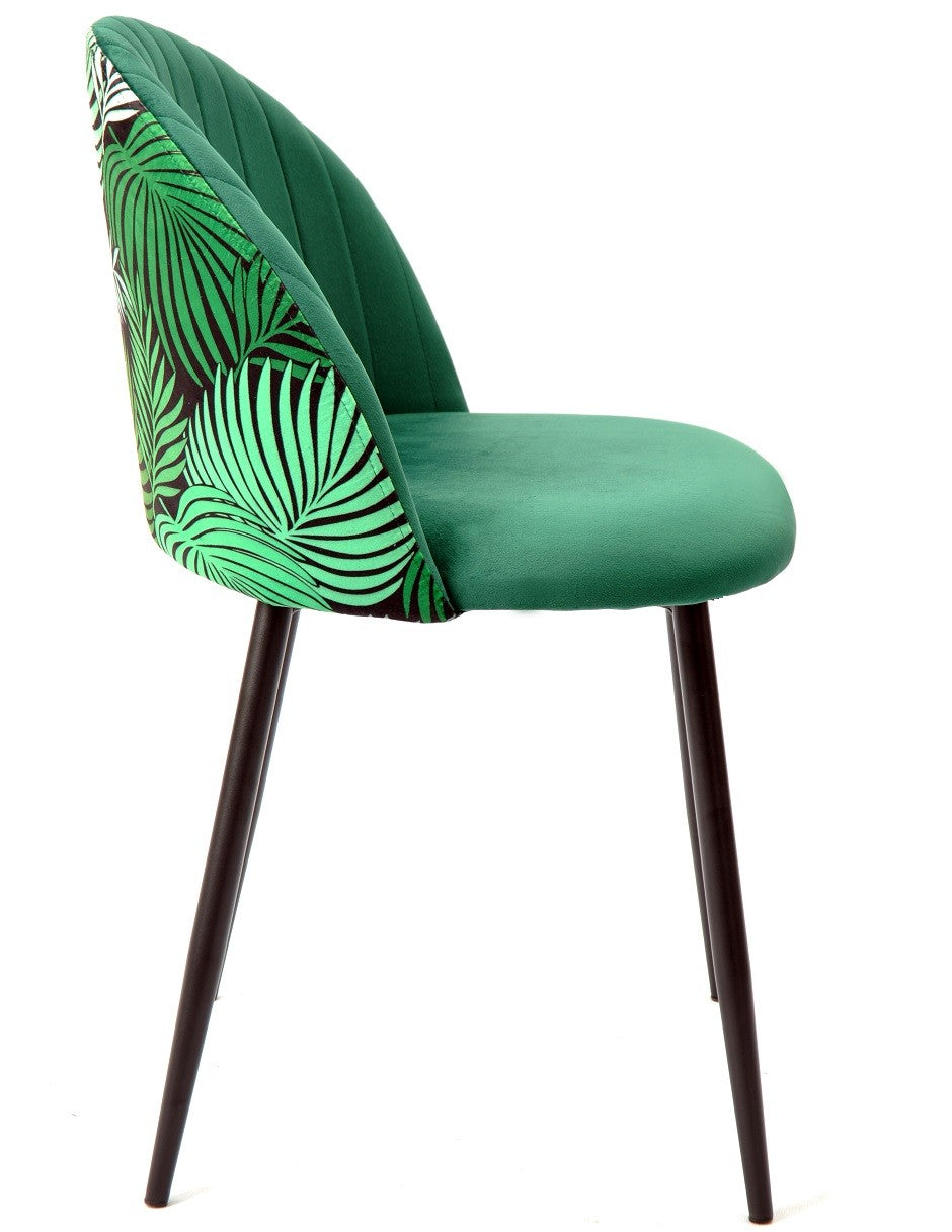 Cadeira FLORAL, metal, tecido veludo verde  com costas florais combinando