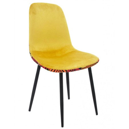 Cadeira HORUS NEW, em metal, estofo em veludo amarelo, costas com motivos florais a condizer