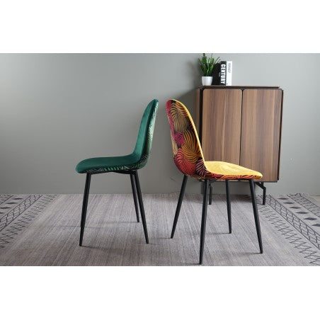 Cadeira HORUS NEW, em metal, estofo em veludo amarelo, costas com motivos florais a condizer