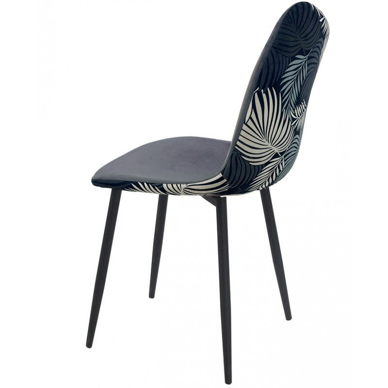 Cadeira HORUS NEW, em metal, estofo em veludo cinza, costas com motivos florais a condizer