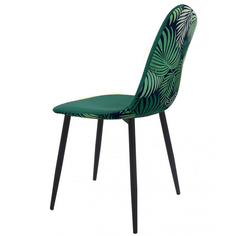 Cadeira HORUS NEW, metal, estofo em veludo verde, costas com motivos de folhagem a condizer