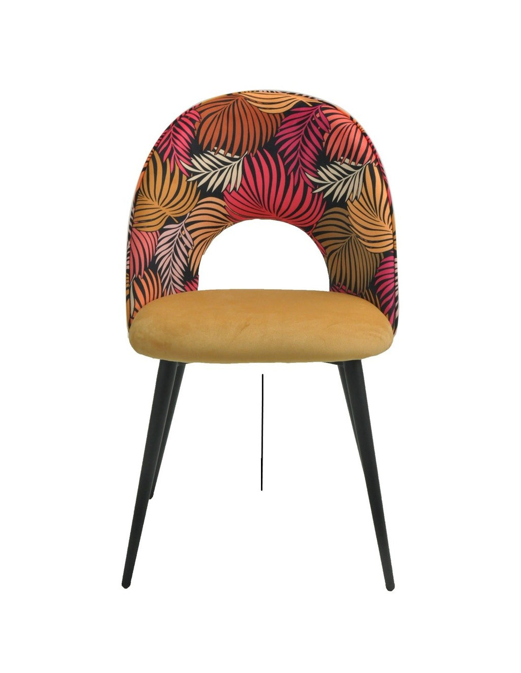 Cadeira ORQUIDEA, metal, tecido veludo amarelo com encosto florais combinando
