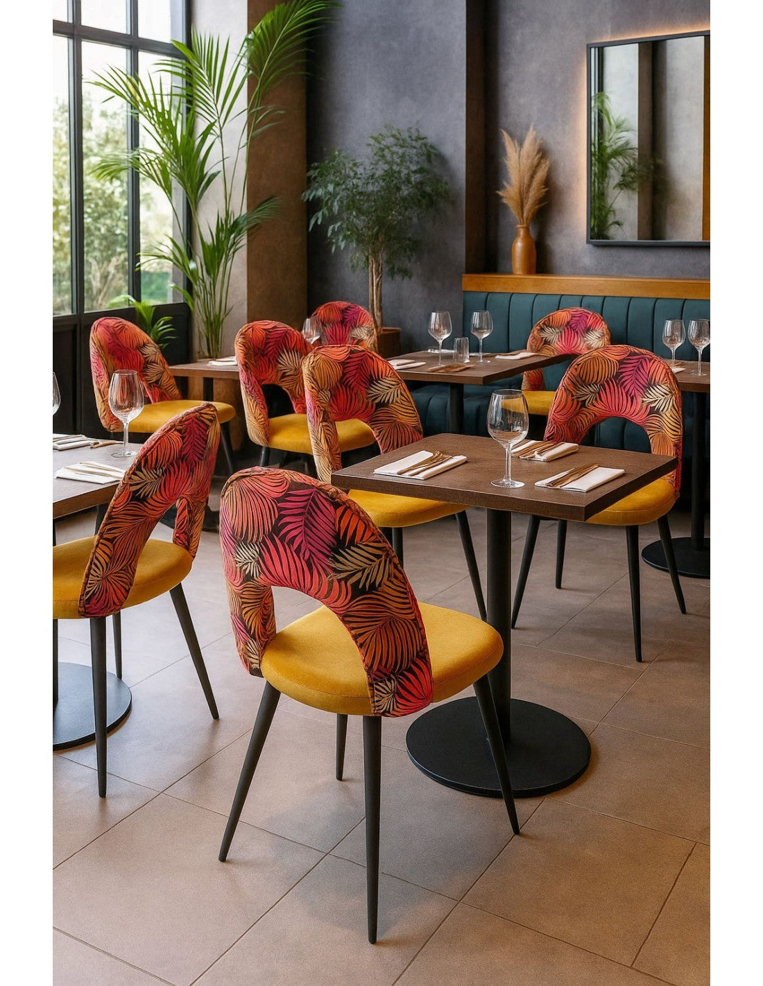 Cadeira ORQUIDEA, metal, tecido veludo amarelo com encosto florais combinando
