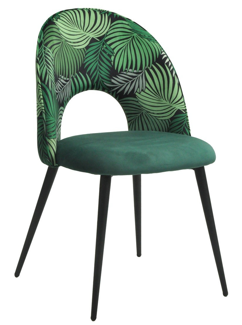 Cadeira ORQUIDEA, metal, tecido veludo verde com encosto florais combinando