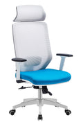 Cadeirão de escritório CLAYTON, branco, rede cinza, tecido azul