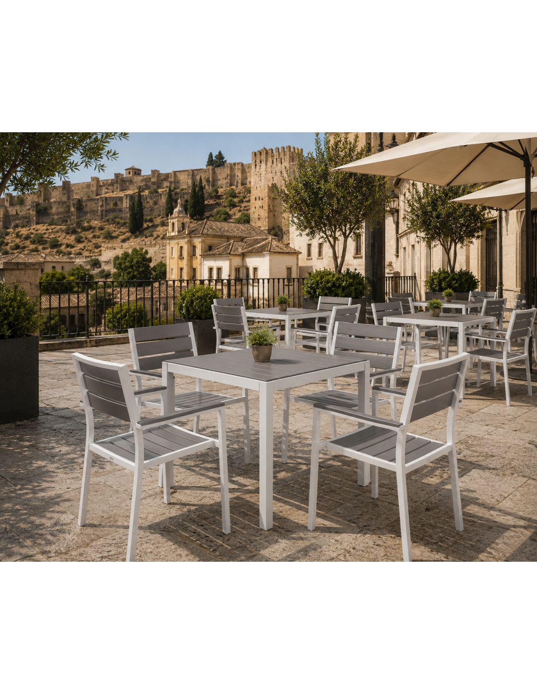 Cadeirão GARIBALDI, metal branco, polywood cinza
