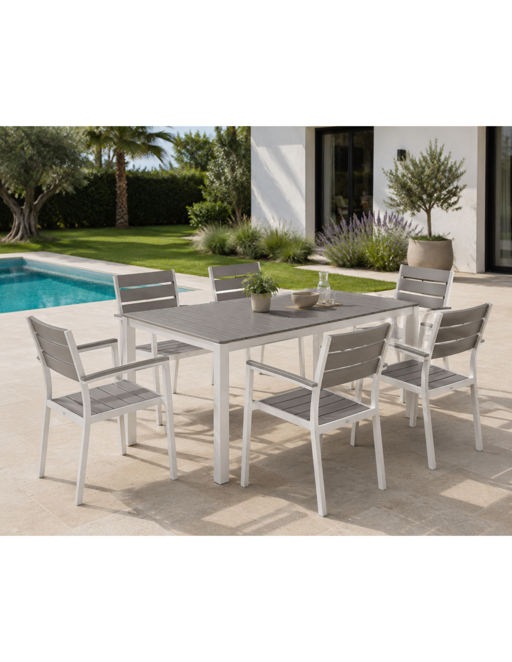 Cadeirão GARIBALDI, metal branco, polywood cinza