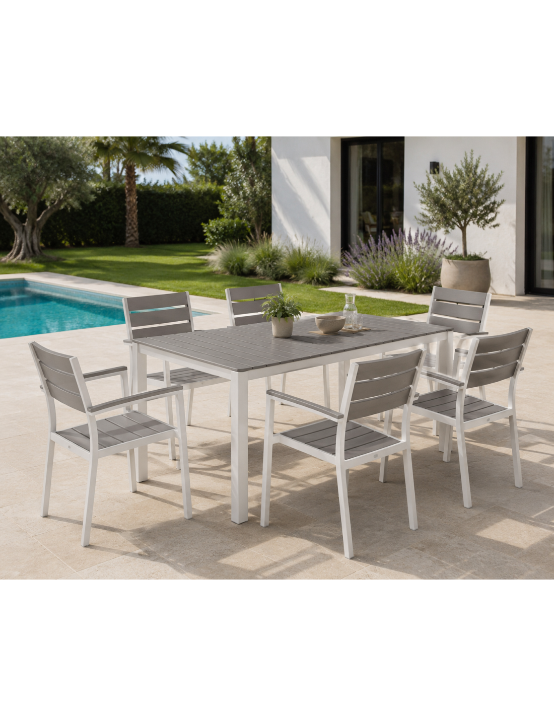 Cadeirão GARIBALDI, metal branco, polywood cinza