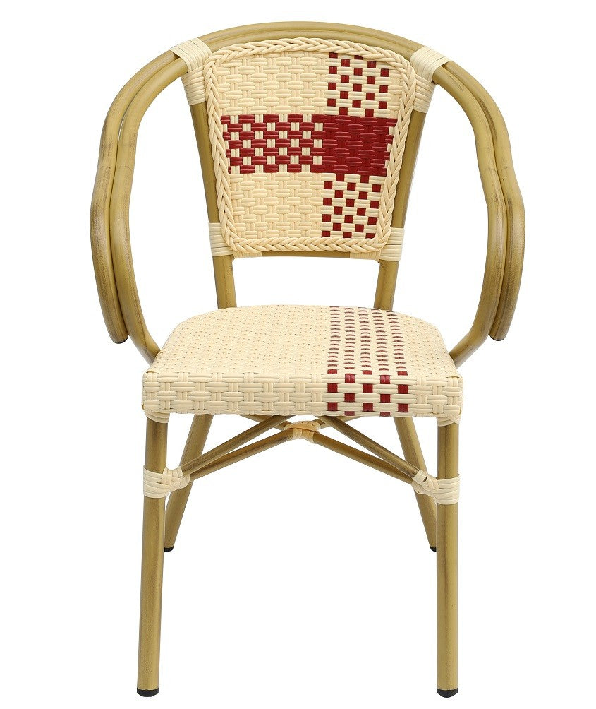 Cadeirão GARNIER, empilhável, aluminio, ratán beige e vermelho