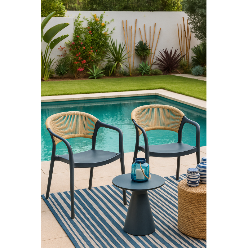 Cadeirão IBIZA, empilhável, tratamento anti UV, polipropileno cinza escuro, corda natural