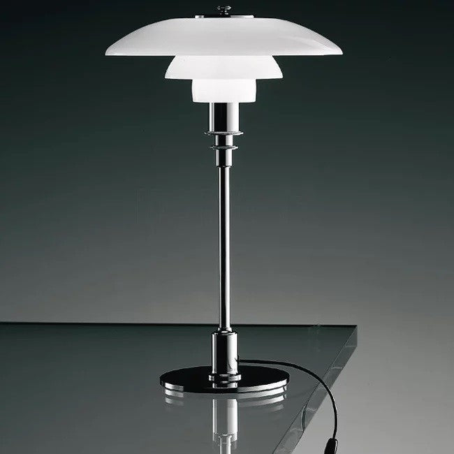Candeeiro POMPIDOU, de mesa, cromada, vidro branco