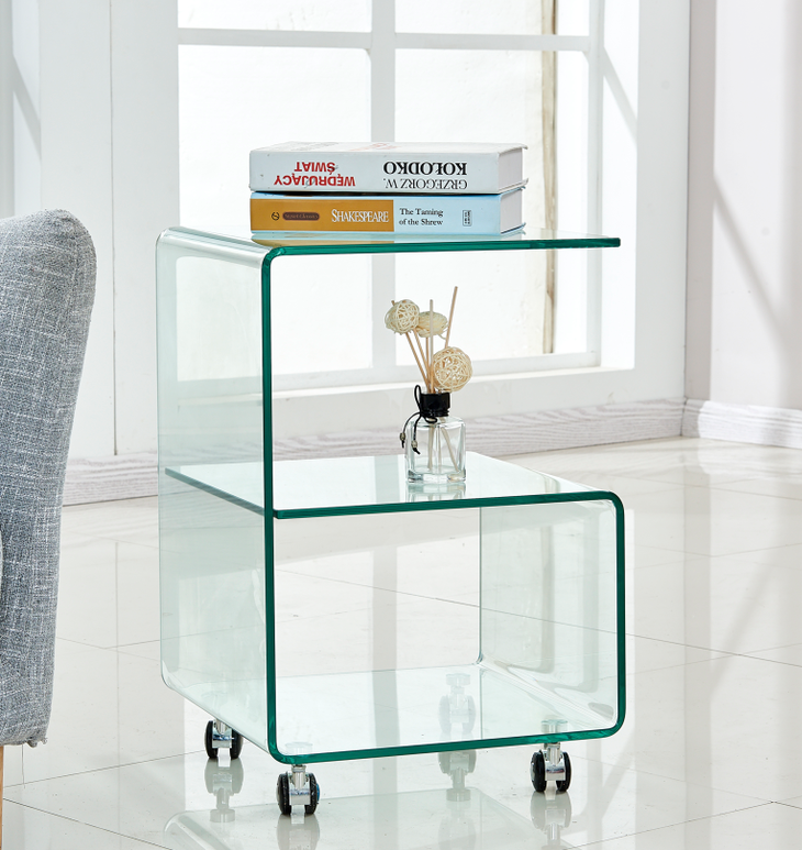 Mesa ABIGAIL, vidro, rodas, 40x40 cms