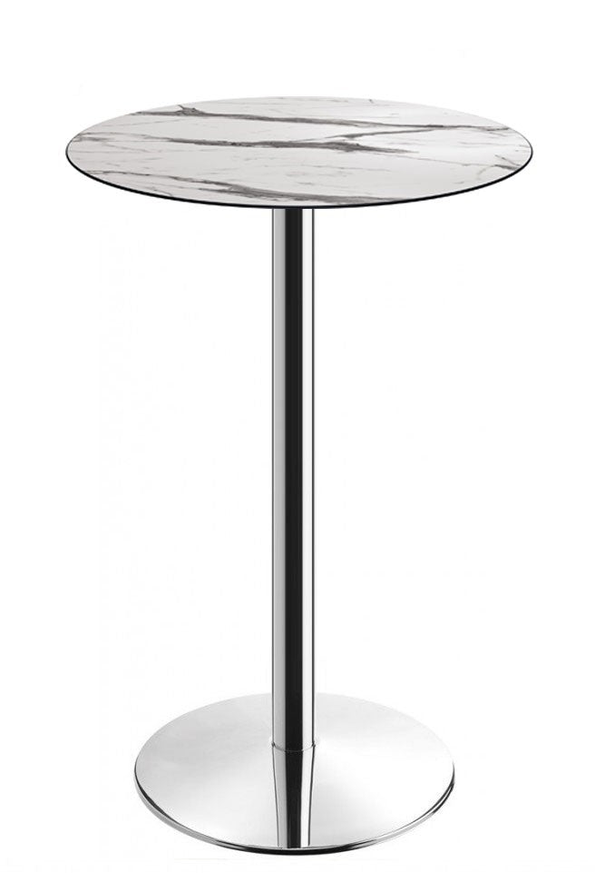 Mesa alta BENAMARA, aço inoxidável, base de 110 cms e tampo de 70 cms de diâmetro. Cores à escolha, Tableros de 70 cms: COMPACTO, MÁRMOL AFYON 5657, TAVILO (69 cms)
