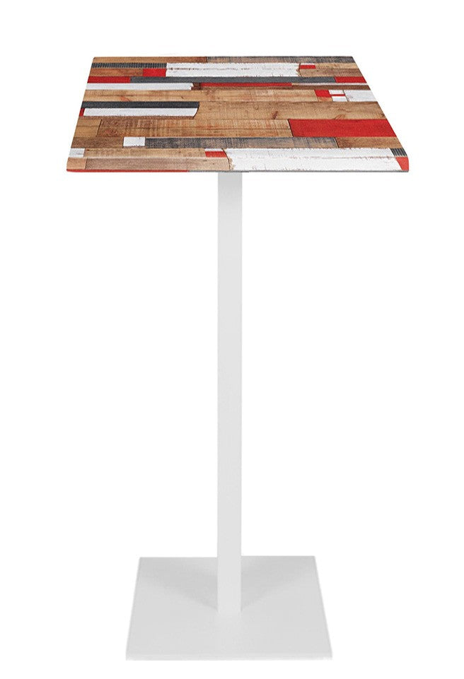 Mesa alta BEVERLY, base de 110 cms e tampo de mesa de 60x60 cms. Cores à escolha, Tableros de 60x60 cms: WERZALIT SM - KABANA RED 271, Base BEVERLY, altura 110 cms: Blanca