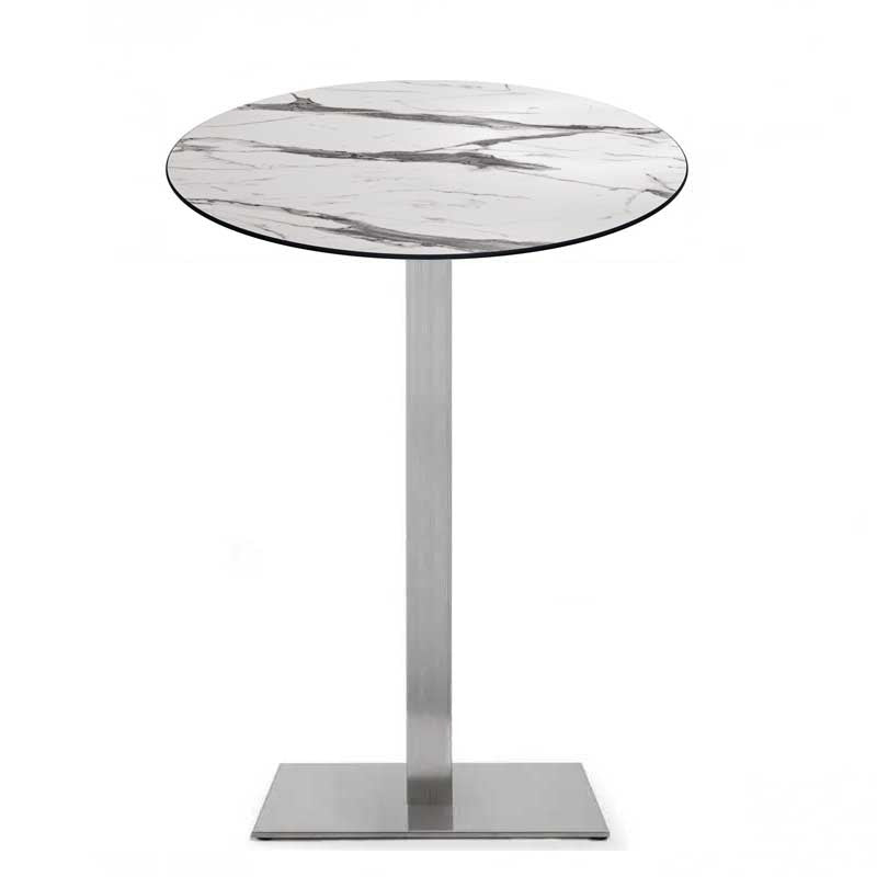 Mesa alta RHIN, aço inoxidável, base de 110 cms e tampo de 70 cms de diâmetro. Cores à escolha, Tableros de 70 cms: COMPACTO, MÁRMOL AFYON 5657, TAVILO (69 cms)