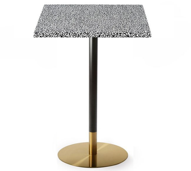 Mesa alta VERSALLES NEW, dourada e preta, base de 110 cms e tampo de mesa de 60x60 cms. Cores á escolha, Tableros de 60x60 cms: WERZALIT ALEMANIA - PIAZZA 102