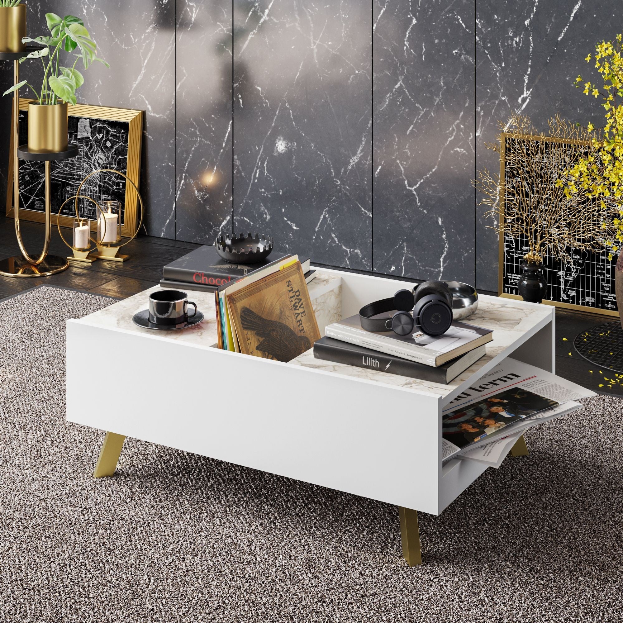 Mesa baixa ELOISE, bilaminado mármore branco 89,5 cms