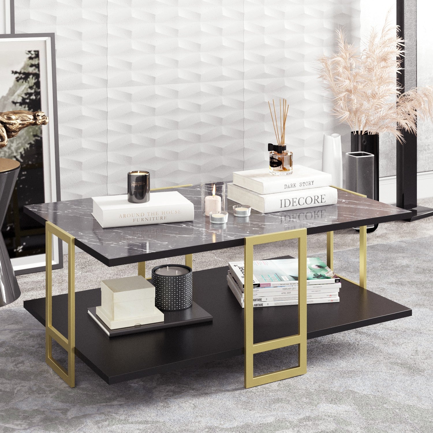 Mesa baixa SIENA, bilaminado mármore preto e metal dourado 91,5 cms
