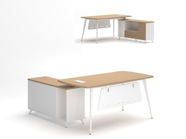 Mesa de escritório AREZZO 180, com módulo auxiliar, branca e carvalho, 180 x 176,5 cm