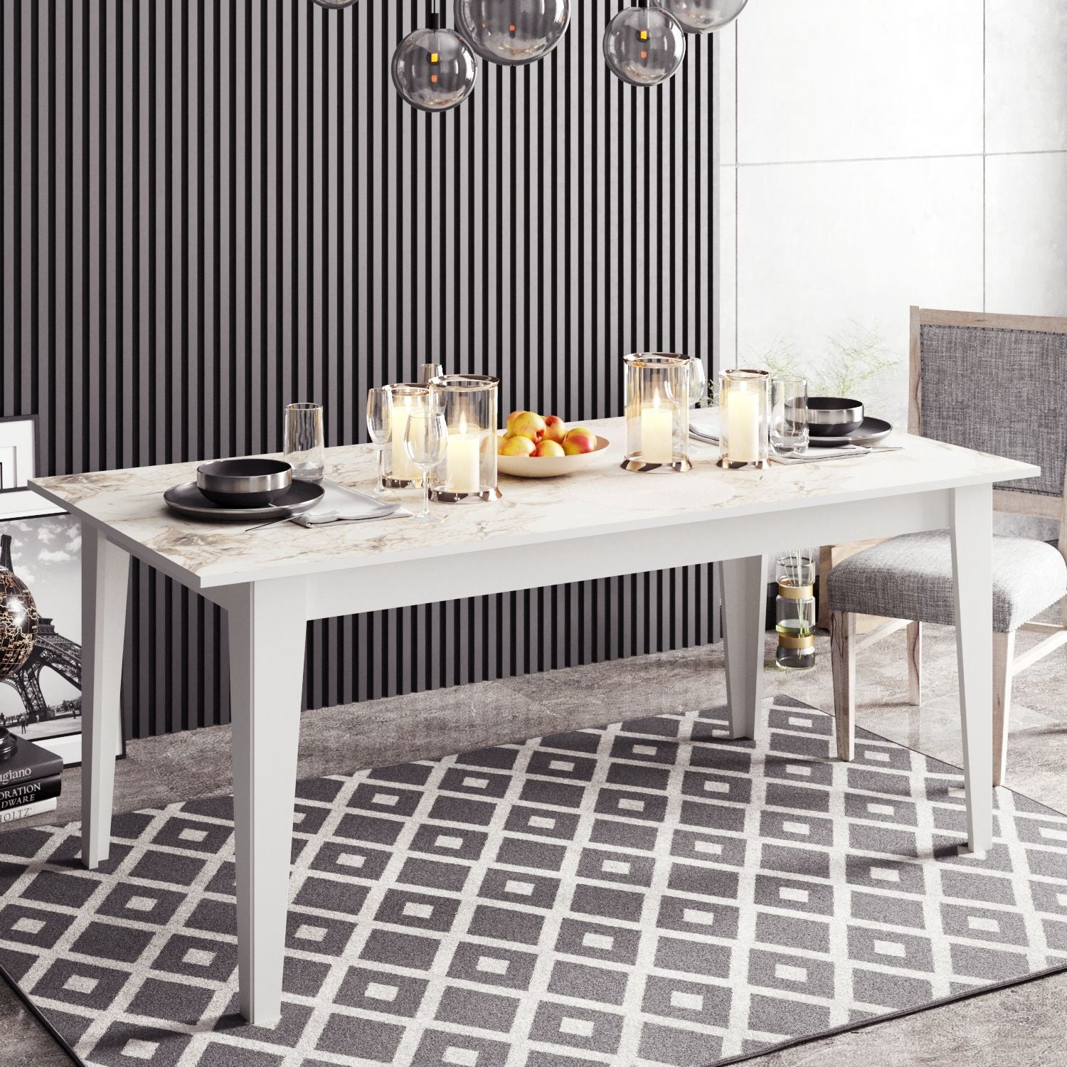 Mesa de jantar SIENA, bilaminado mármore branco 180 x 90 cms