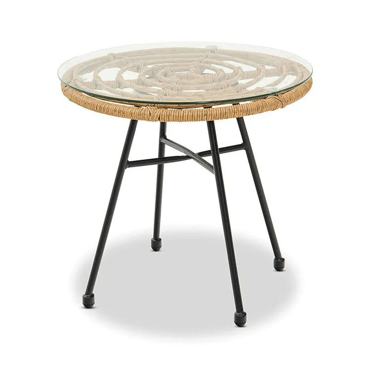 Mesa DEWA, apoio, metal, ratán, vidro, 45 cms de diâmetro