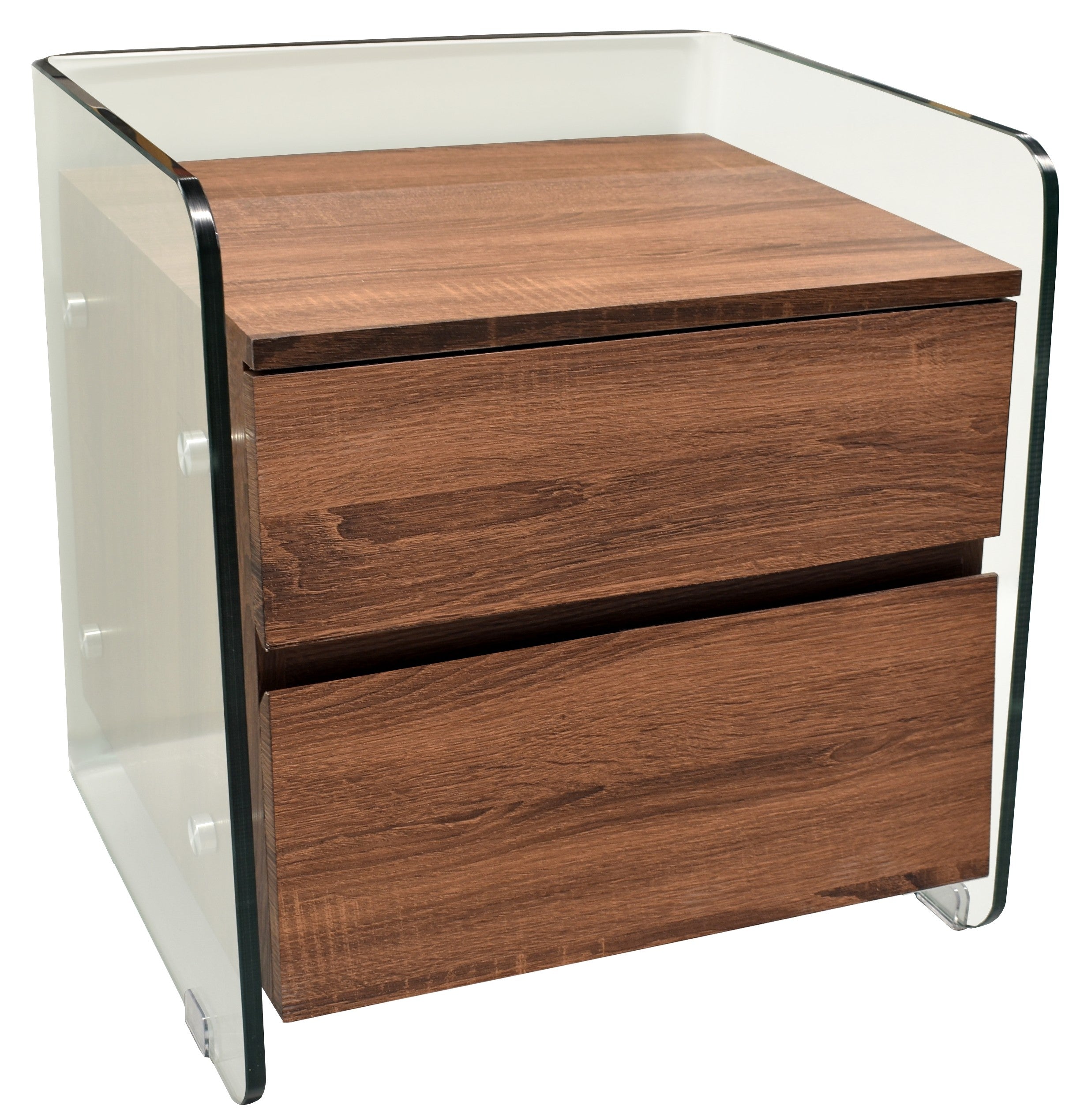Mesa SEBAS, vidro curvado, 2 gavetas, 50x43 cms