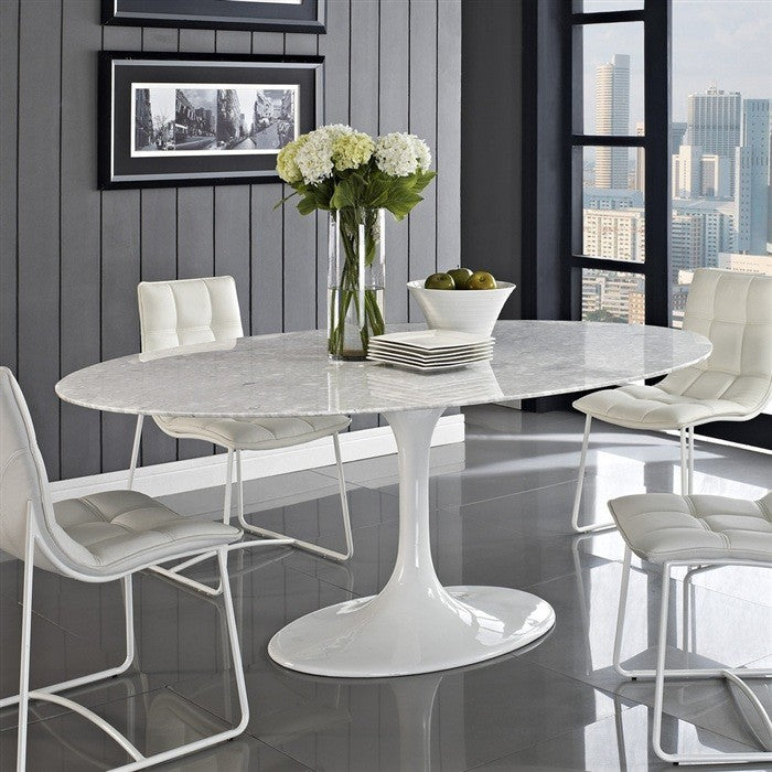 Mesa TUL, fibra de vidro, tampo mármore branco, 180 x 108 cms