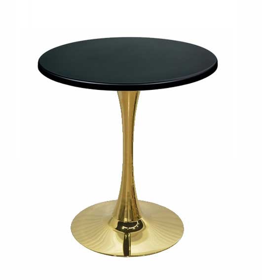 Mesa TULIP, base de 70 cms e tampo de mesa de 80 cms de diâmetro. Cores à escolha, Tableros de 80 cms: WERZALIT SM - NEGRO 55, Base TULIP altura 70 cms: Dorada