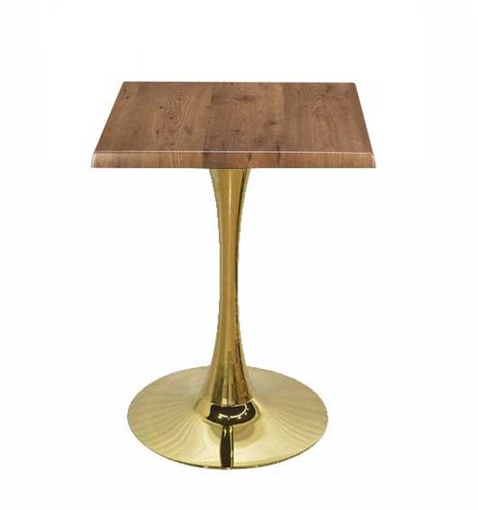 Mesa TULIP, base de 70 cms e tampo de mesa de 80x80 cms. Cores à escolha, Tableros de 80x80 cms: WERZALIT SM - ROBLE ANTIGUO 316, Base TULIP altura 70 cms: Dorada