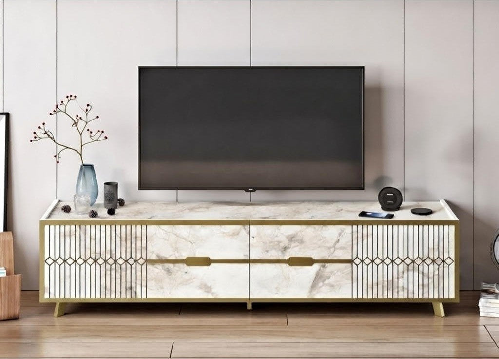 Móvel TV ELOISE, bilaminado mármore branco com detalhes dourados, 180 cms