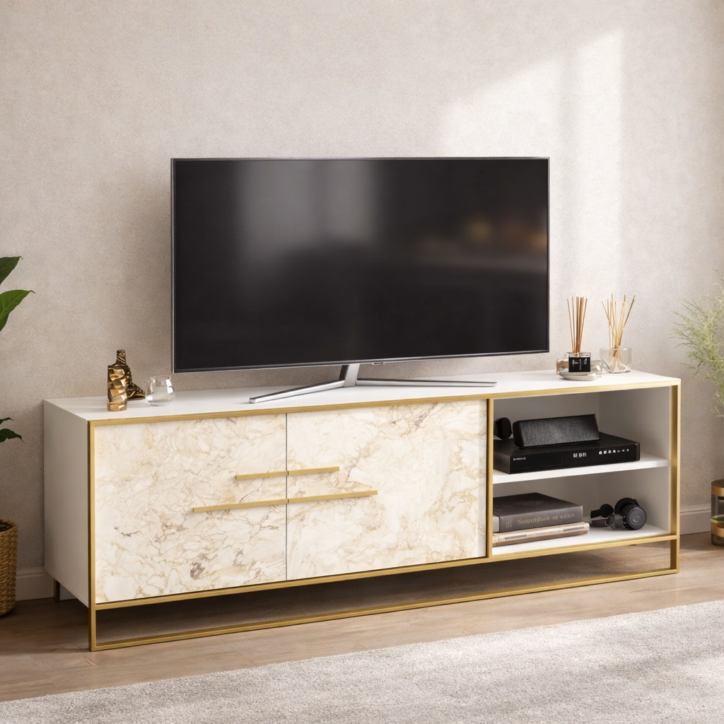 Móvel TV SIENA, bilaminado mármore branco com metal dourado, 160 cms