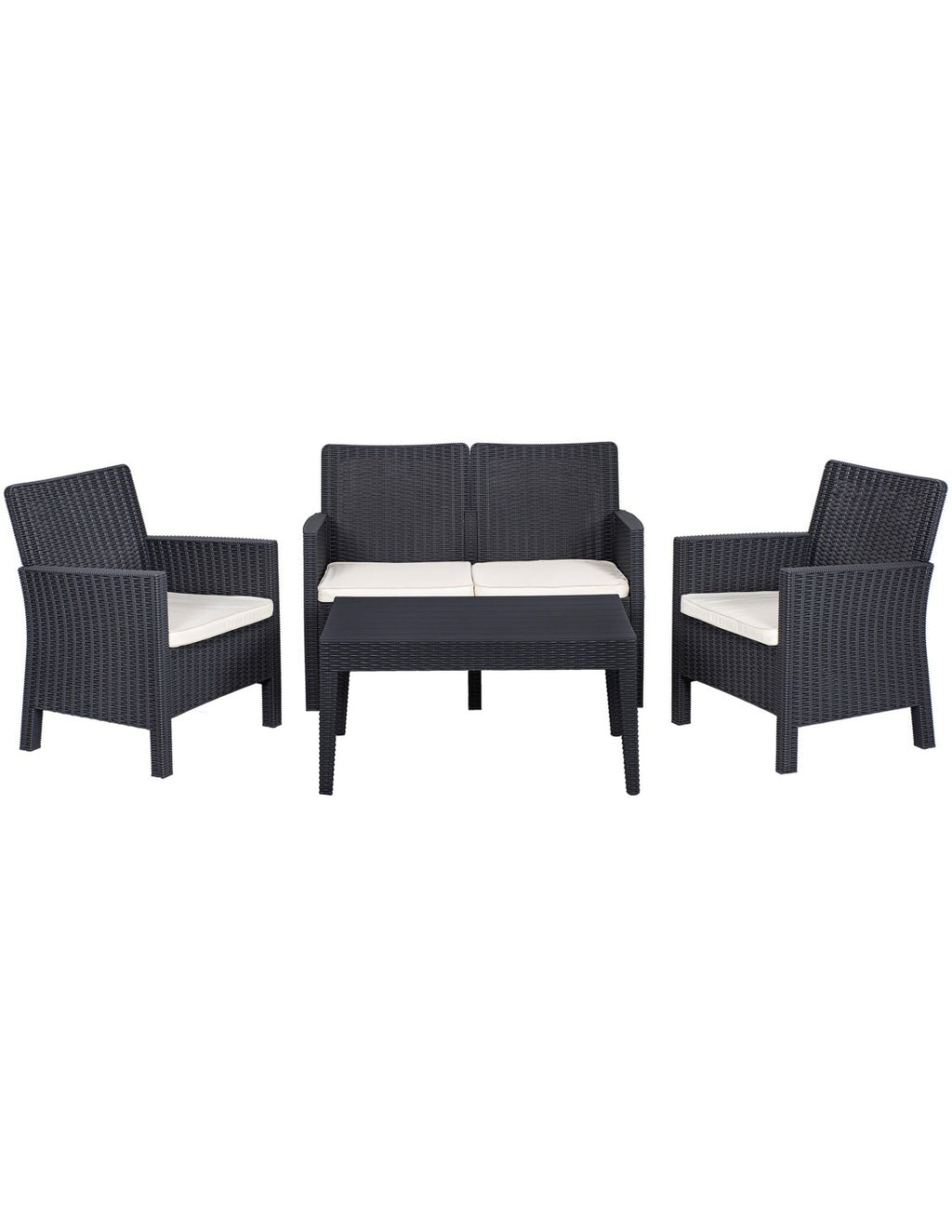 Set ADRIÁTICO, 2 Poltronas + Sofá 2 lugares + mesa, polipropileno castanho, coxim bege