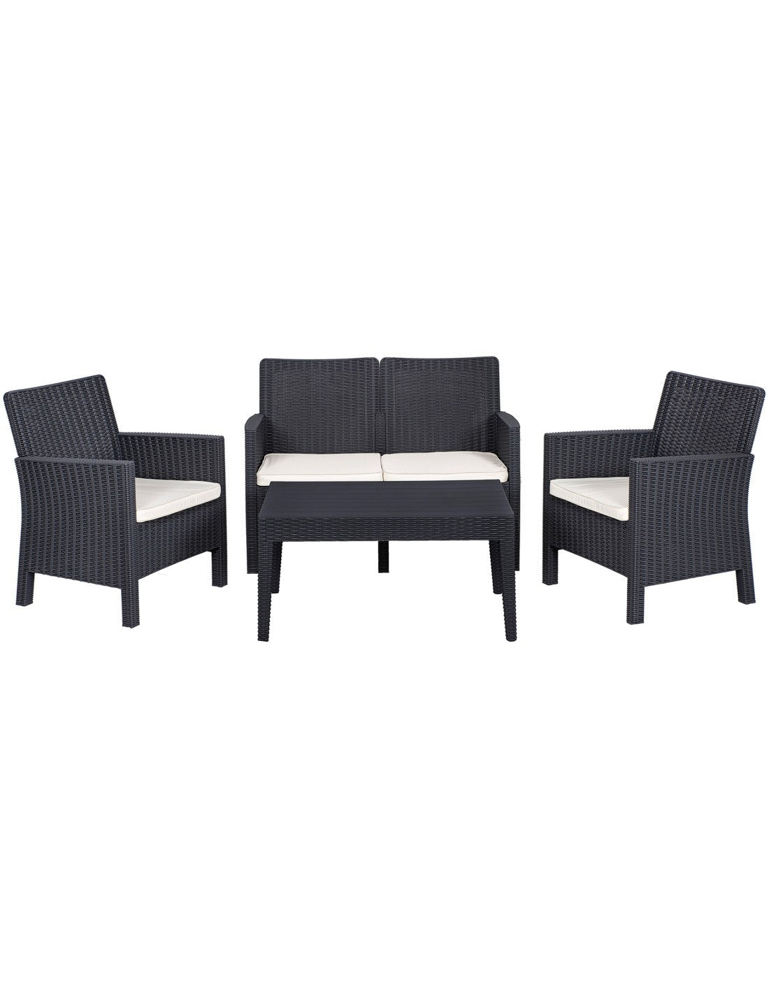 Set ADRIÁTICO, 2 Poltronas + Sofá 2 lugares + mesa, polipropileno castanho, coxim bege
