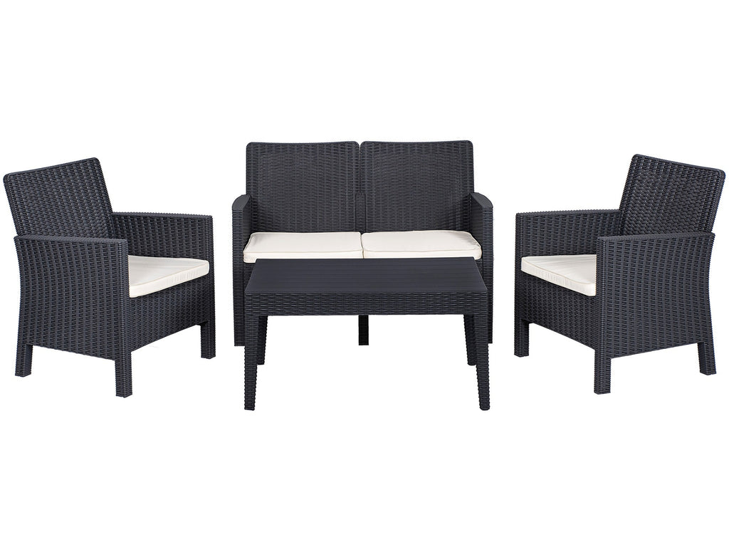 Set ADRIÁTICO, 2 Poltronas + Sofá 2 lugares + mesa, polipropileno antracite, coxim beige