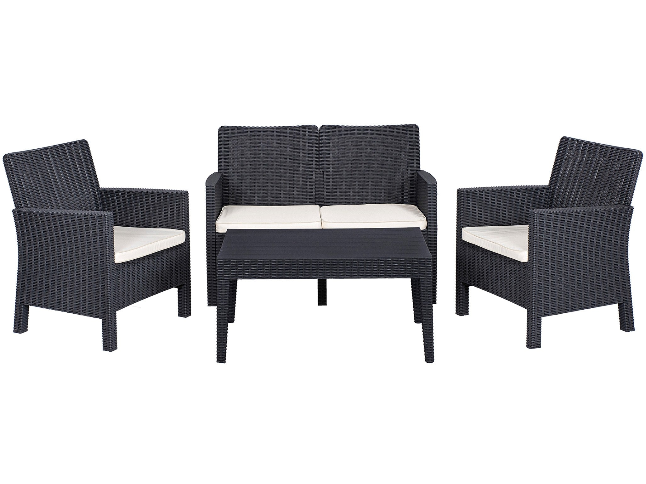Set ADRIÁTICO, 2 Poltronas + Sofá 2 lugares + mesa, polipropileno antracite, coxim beige