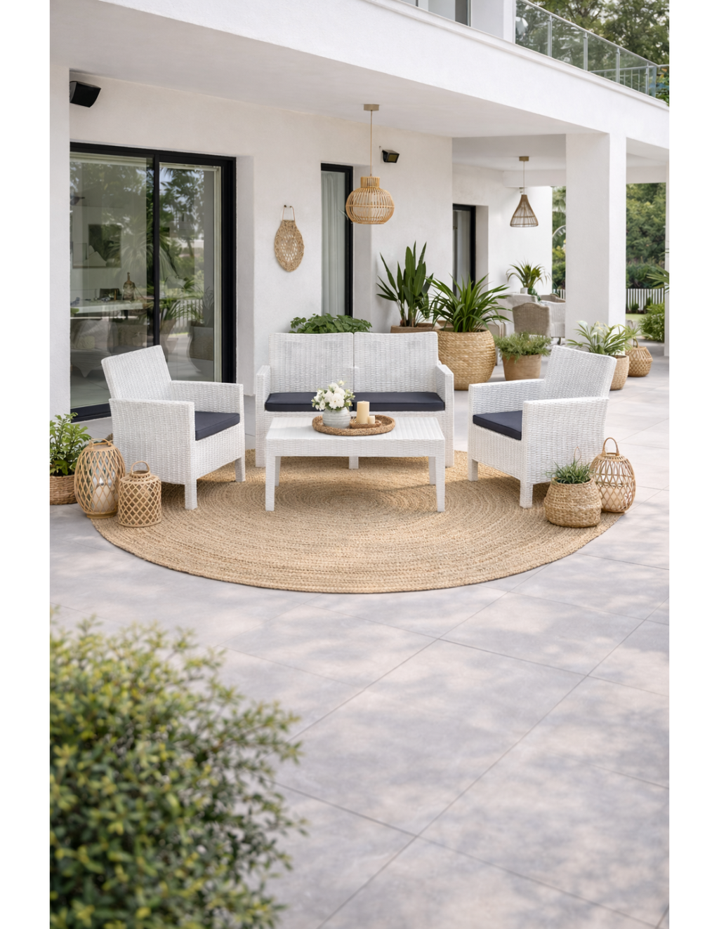 Set ADRIÁTICO, 2 Poltronas + Sofá 2 lugares + mesa, polipropileno branco, coxim antracite