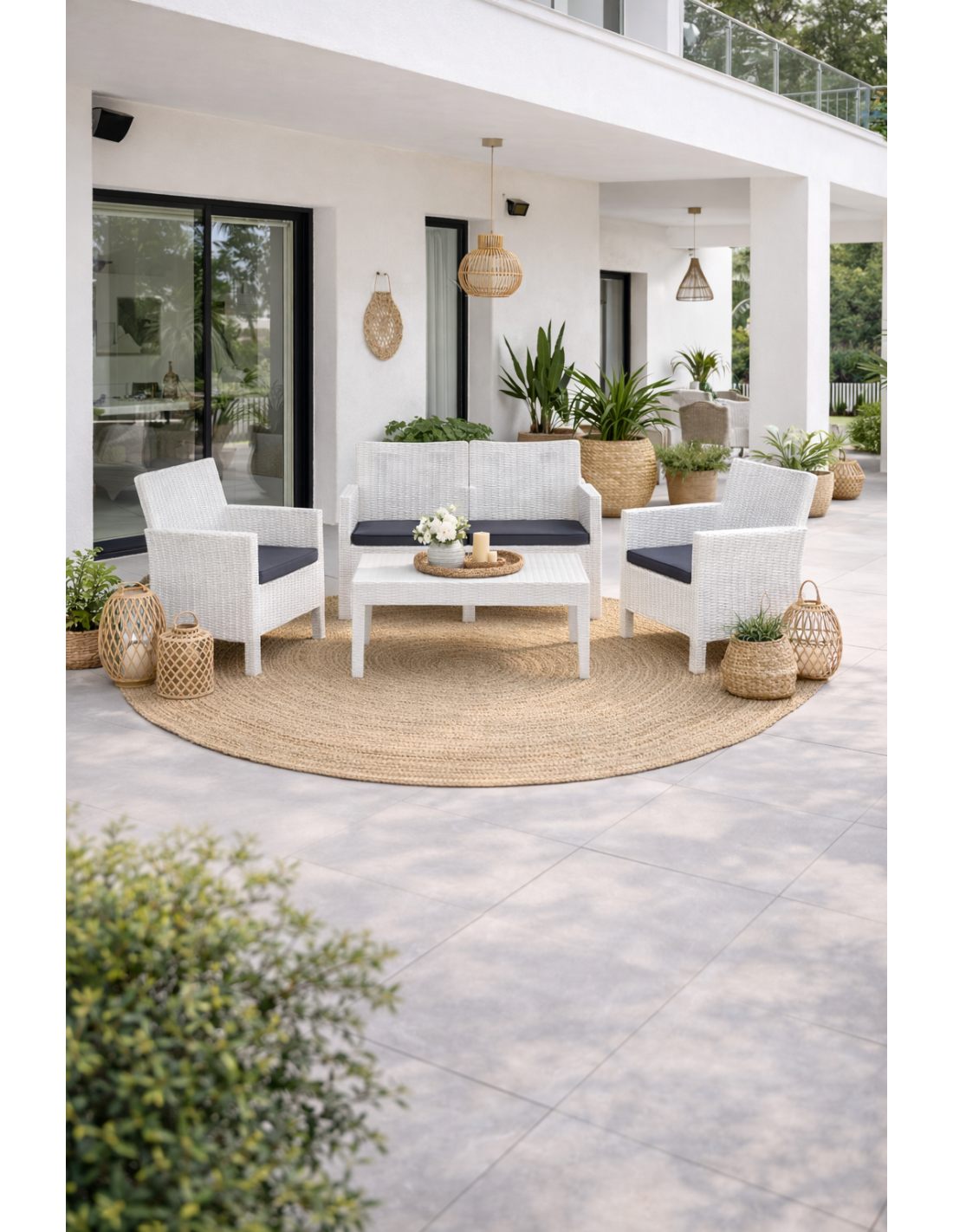 Set ADRIÁTICO, 2 Poltronas + Sofá 2 lugares + mesa, polipropileno branco, coxim antracite